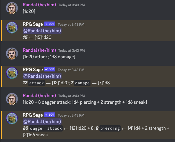 An example of common dice rolls that RPG Sage can parse and respond to.