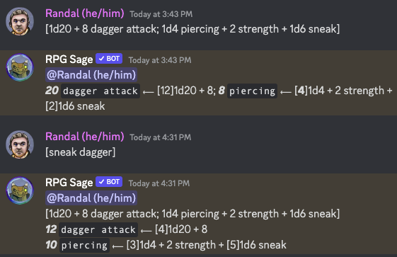An example of rolling RPG Sage dice the long way vs using the built in dice macros feature.