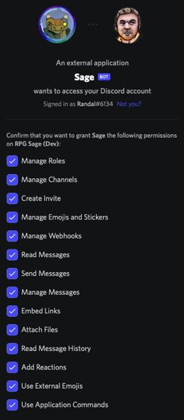 An image of the RPG Sage invite prompt listing all of the permissions it is requesting.